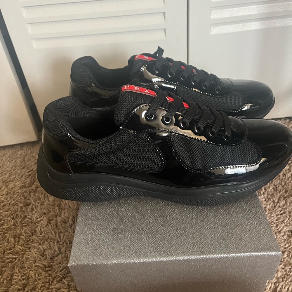 Prada Black Patent Leather & Mesh Sneakers with Red Logo Accent - Picture 3 of 8